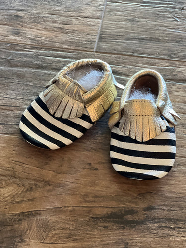 Gold, Black & White Stripe Baby Moccasins- 2 sizes left!