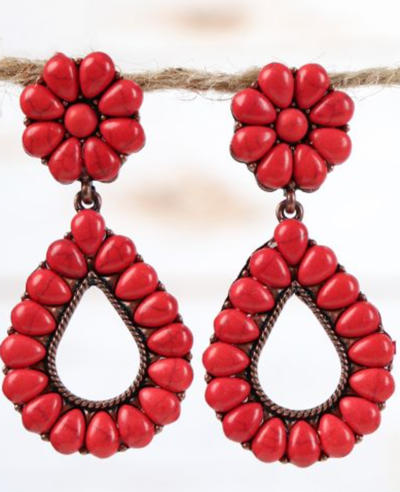 Teardrop Flower Stud Earrings-Red